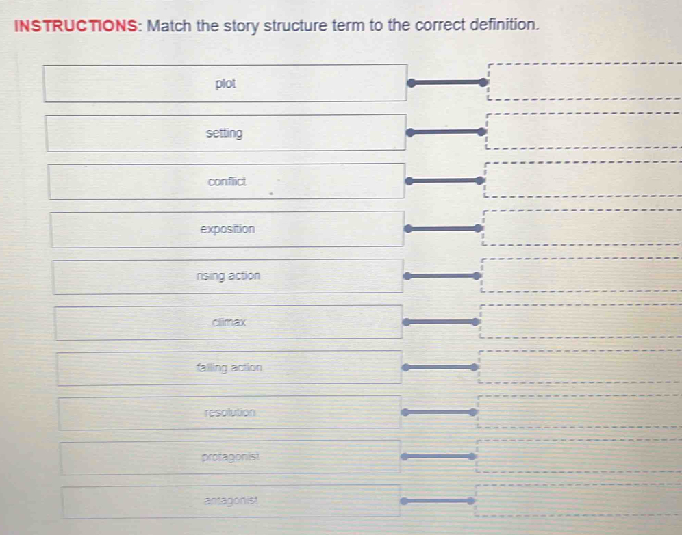 INSTRUCTIONS: Match the story structure term to the correct definition.
plot
setting
conflict
exposition
rising action
climax
falling action
resolution
protagonist
antagonist