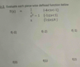 wse defined function below 
F(x)= 1/x (4 <1) x(1≤ x≤ 4)endarray.
f(-3) f(-2) f(-1)
f(0) f(1) f(2)