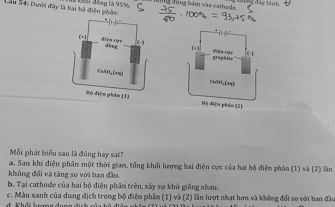 xuơng đáy bình.
là khối đồng là 95%. đượng đồng bám vào cathode.
Cau 54: Dưới đây là hai bộ điện phân:
diện cực
(+)
(-)
graphite
CuSO₄(aq)
Bộ điện phân (2)
Mỗi phát biểu sau là đúng hay sai?
a. Sau khi điện phân một thời gian, tổng khối lượng hai điện cực của hai bộ điện phân (1) và (2) lần
không đổi và tăng so với ban đầu.
b. Tại cathode của hai bộ điện phân trên, xảy sự khử giống nhau.
c. Màu xanh của dung dịch trong bộ điện phân (1) và (2) lần lượt nhạt hơn và không đổi so với ban đầu
d K hối lurơng dung dịc h c