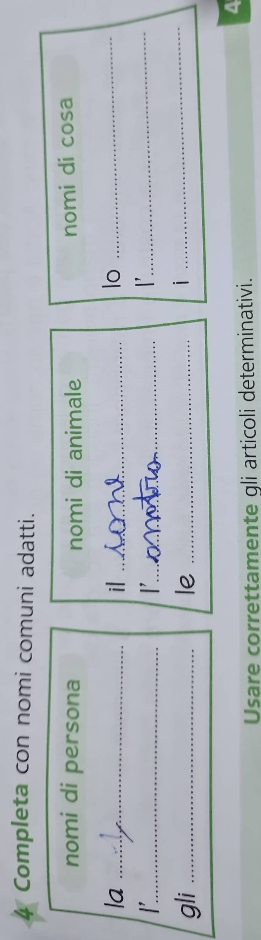 Completa con nomi comuni adatti. 
nomi di persona nomi di animale 
nomi di cosa 
la_ 
il_ 
lo_ 
_ 
_ 
_ 
gli _le _i_ 
4 
Usare correttamente gli articoli determinativi.