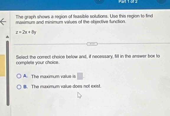 The graph shows a region of feasible solutions. Use this region to find
maximum and minimum values of the objective function.
z=2x+8y
Select the correct choice below and, if necessary, fill in the answer box to
complete your choice.
A. The maximum value is □.
B. The maximum value does not exist.