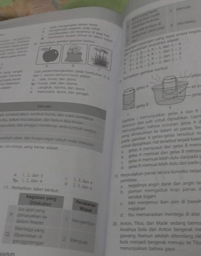 ssol yang berisi 3 Mencair
a y sk kayu pu tin
Sblarkan terbuka
a  tidak mengangkat beban bera
tnk tink embun d
4 Membeku
b  menghindari paparan asap rokok
c  membiasakan diri berjemur di pagi hari dedaunan pada pagí
membatasi asupan lerak ke dalam tubué hari
aangan-pasangan yang tepat antara kegiat
14 Perhatikan gambar-gambar berikut
a endm tpsón ancué ncemaan kimiawl 
m perubahan wujudnya adalah    
pra k an  ot i
rho -1,Q-2,R-3 dan 5-4
J P-2Q-4,R-1 dan 5-3
ukiun pada nomor adi asam amino
dan S-4
3
4
A B
D P-3,Q-1,R-2 dan S-1
C C
Iupan manusia. dan C secara berturut-turut adalah . . .  .  Pematikan gambar berikut P-4,Q-3,R-2
3
h yang sangat . Cara perkembangbiakan pada tumbuhani A, B
gelas
ul pada darah a. stek, tunas, dan spora
rus Öiląkukan
b tunas, stek, dan rizoma
adalah c cangkok, rizoma, dan spora
gelas A  air p
d. merunduk, spora, dan geragih
gela
Ciri-ciri gelas B B
ah, tumbuḥ jakuŋ, tumbuḥ kumis, dan suara membesar
Gambar I menunjukkan gelas A dan B 
tersusun dan sulit untuk dipisahkan. Gam
e ibu, belum bisa berjalan, dan belum bisa bicara
payudara, dan pinggul membesar, serta tumbuh rambut menunjukkan bahwa susunan gelas A d
yang dimasukkan ke dalam air panas. Ter
pada gambar II gelas-gelas tersebut m
umbuh üban, dan fungsi organ tubuh mulal menurun
untuk dipisahkan. Hal tersebut terjadi karer
an ciri-cirinya yang benar adalah . . . .
a. gelas A menyusut dan gelas B mer
b. gelas A memuai dan gelas B menyu
c gelas A memuai lebih dulu daripada
d. gelas B memuai lebíh dulu dari pada g
a. 1, 2, dan 3
19 Perpindahan panas secara konveksi terjad
bx 1, 2, dan 4 peristiwa
c 1, 3, dan 4
d. 2, 3, dan 4
a terjadinya angin darat dan angín lai
17. Perhatikan tabel b
b. paman mengaduk kopi panas d
sendok logam
c. bibi menjemur ikan asin di bawah
matahari
d. ibu memanaskan mentega di atas
20. Anton, Titus, dan Made sedang berma
Awalnya bola dari Anton bergerak me
gawang. Namun setelah ditendang ole
bola menjadi bergerak menuju ke Titu
menunjukkan bahwa gaya . . . .
A  r