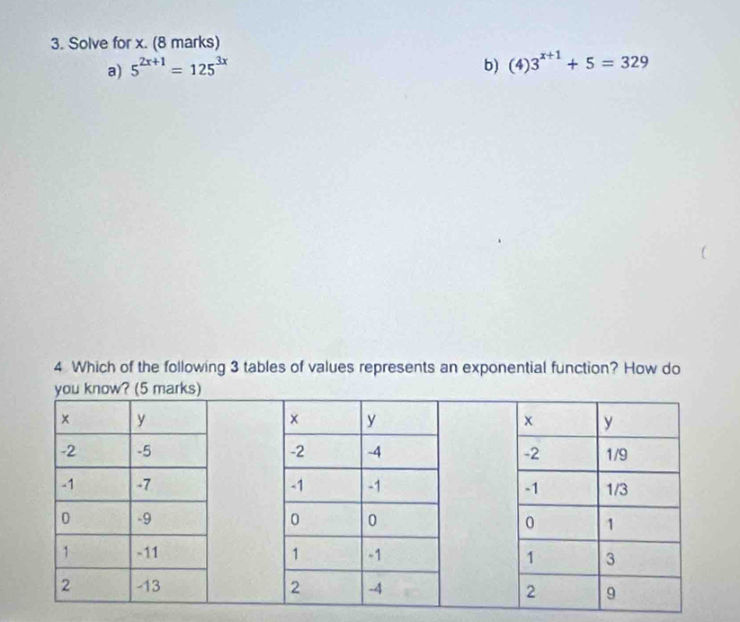 Solve for x. (8 marks) 
a) 5^(2x+1)=125^(3x) b) (4)3^(x+1)+5=329
4 Which of the following 3 tables of values represents an exponential function? How do