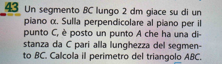 Un segmento BC lungo 2 dm giace su di un 
piano α. Sulla perpendicolare al piano per il 
punto C, è posto un punto A che ha una di- 
stanza da C pari alla lunghezza del segmen- 
to BC. Calcola il perimetro del triangolo ABC.