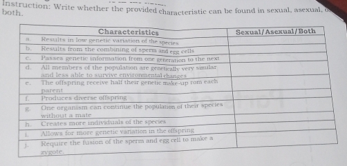 Instruction: Write whether the provided characteristic can be found in sexual, asexual, o 
both.