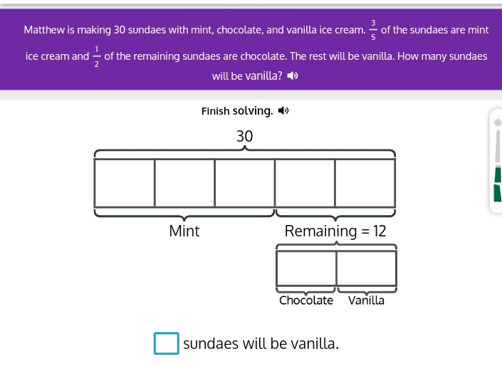 Matthew is making 30 sundaes with mint, chocolate, and vanilla ice cream.  3/5  of the sundaes are mint 
ice cream and  1/2  of the remaining sundaes are chocolate. The rest will be vanilla. How many sundaes 
will be vanilla? ● 
Finish solving.
30
Mint Remaining =12
Chocolate Vanilla 
sundaes will be vanilla.