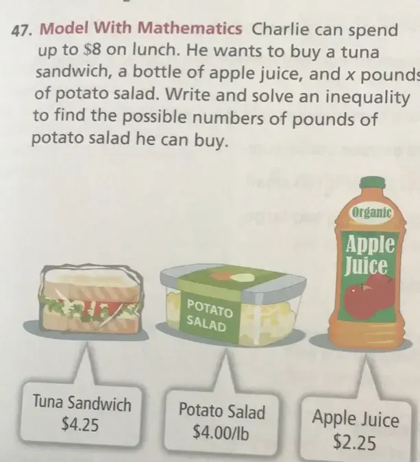 Solved: Model With Mathematics Charlie can spend up to $8 on lunch. He ...