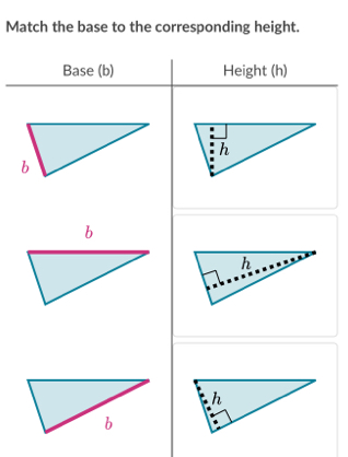 Match the base to the corresponding height. 
Base (b) Height (h)