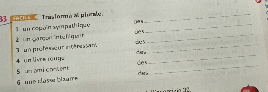 FACILE Trasforma al plurale._ 
des 
1 un copain sympathique_ 
des 
2 un garçon intelligent 
des 
_ 
_ 
3 un professeur intéressant_ 
des 
4 un livre rouge 
des 
5 un ami content 
des 
_ 
6 une classe bizarre 
sercizio 30.