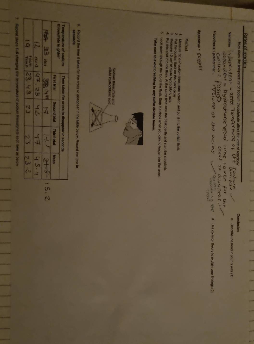 Rates of reaction 
How does the temperature of sodium thiosulphate affect the rate of reaction? Conclusion 
Variables 
c. Describe the trend in your results (1) 
Hypothesis: I predict that... d. Use collision theory to explain your findings (2) 
Apparatus 
Method 
1. Measure 50cm^3 sodium thiosulfate solution and put it into the conical flask. 
2. Put the conical flask on the black cross. 
3 Measure 10cm^3 of dilute hydrochloric acid. 
4. Put this acid into the flask. At the same time swirl the flask gently and start the stopclock. 
5. Look down through the top of the flask. Stop the clock when you can no longer see the cross. 
Take care to avoid breathing in any sulfur dioxide fumes. 
Sodium thiosulfate and 
dilute hydrochloric acid 
6. Record the time it takes for the cross to disappear in the table below. Record the time In 
seconds 
7 Repeal steps 1-6 changing the temperature of sodium thiosulphate each time as below