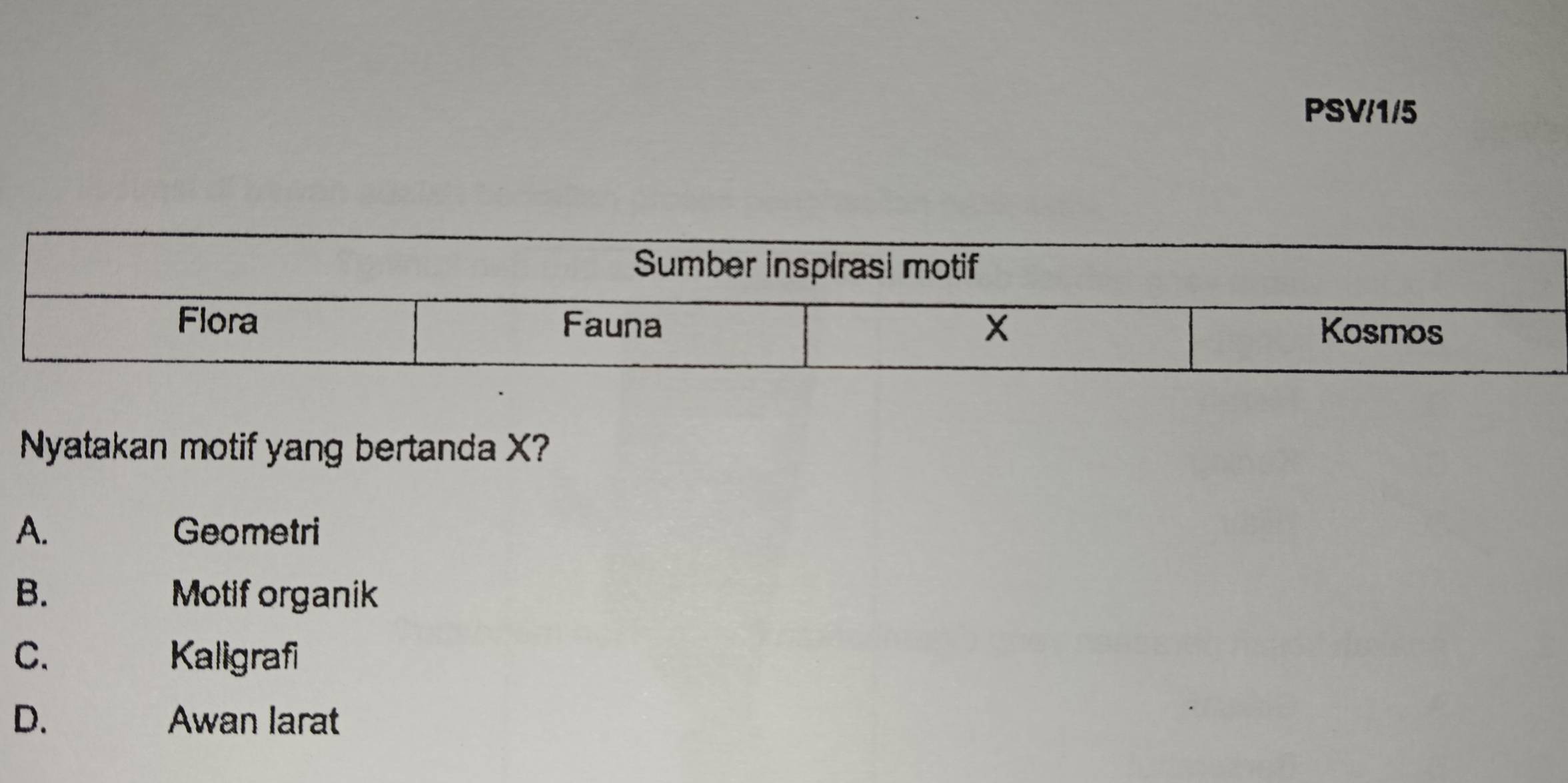 PSV/1/5
Nyatakan motif yang bertanda X?
A. Geometri
B. Motif organik
C. Kaligrafi
D. Awan larat