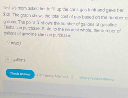 Trisha's mom asked her to fill up the car's gas tank and gave her
$30. The graph shows the total cost of gas based on the number o
gallons. The point X shows the number of gallons of gasoline
Trisha can purchase. State, to the nearest whole, the number of
gallons of gasoline she can purchase.
(1 point)
6 gallons
Check answer Remaining Attempts : 2 View previous attempt