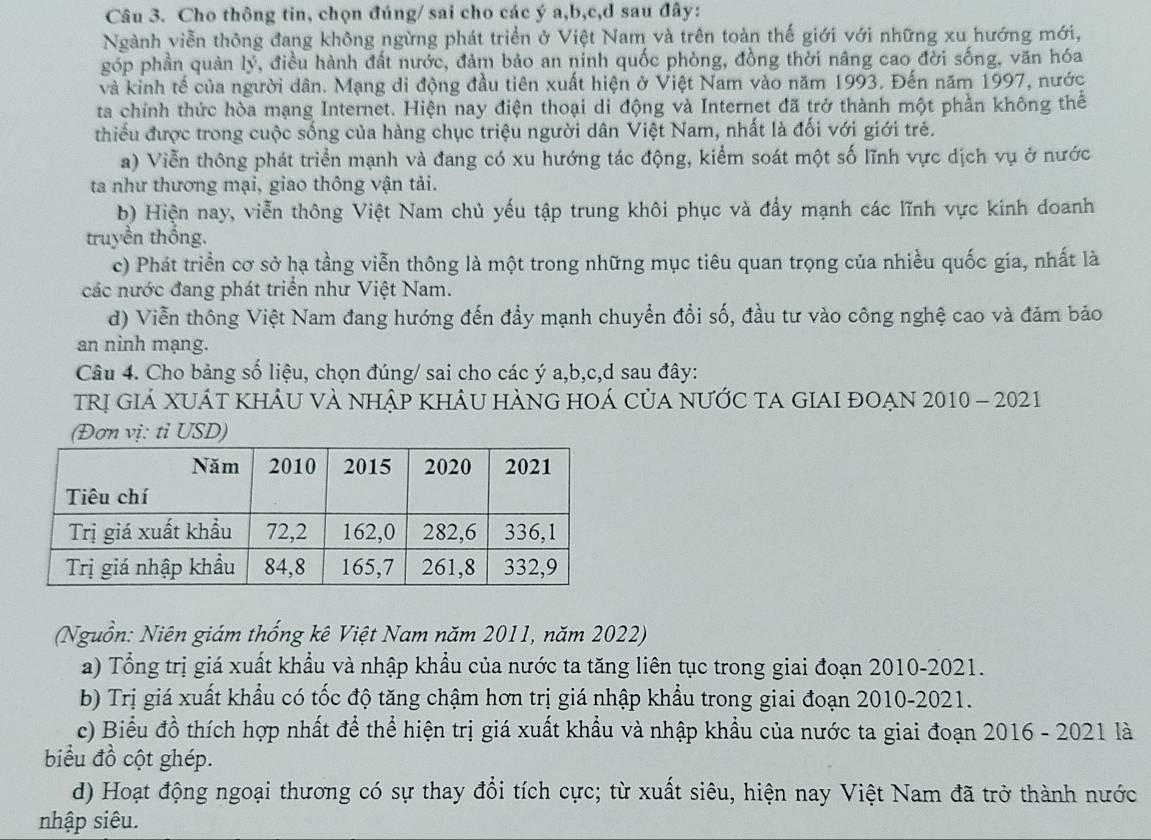 Cho thông tin, chọn đúng/ sai cho các ý a,b,c,d sau đây:
Ngành viễn thông đang không ngừng phát triển ở Việt Nam và trên toàn thế giới với những xu hướng mới,
góp phần quản lý, điều hành đất nước, đảm bảo an ninh quốc phòng, đồng thời nâng cao đời sống, văn hóa
và kinh tế của người dân. Mạng di động đầu tiên xuất hiện ở Việt Nam vào năm 1993. Đến năm 1997, nước
ta chính thức hòa mạng Internet. Hiện nay điện thoại di động và Internet đã trở thành một phần không thể
thiếu được trong cuộc sống của hàng chục triệu người dân Việt Nam, nhất là đối với giới trẻ.
a) Viễn thông phát triển mạnh và đang có xu hướng tác động, kiểm soát một số lĩnh vực dịch vụ ở nước
ta như thương mại, giao thông vận tải.
b) Hiện nay, viễn thông Việt Nam chủ yếu tập trung khôi phục và đẩy mạnh các lĩnh vực kinh doanh
truyền thống.
c) Phát triển cơ sở hạ tầng viễn thông là một trong những mục tiêu quan trọng của nhiều quốc gia, nhất là
các nước đang phát triển như Việt Nam.
d) Viễn thông Việt Nam đang hướng đến đầy mạnh chuyển đổi số, đầu tư vào công nghệ cao và đảm bảo
an ninh mạng.
Câu 4. Cho bảng số liệu, chọn đúng/ sai cho các ý a,b,c,d sau đây:
Trị giá xuát khÂu và nhập khÂu hÀng hOá của nước ta giaI đOẠn 2010 - 2021
(Đơn vị: tỉ USD)
(Nguồn: Niên giám thống kê Việt Nam năm 2011, năm 2022)
a) Tổng trị giá xuất khẩu và nhập khẩu của nước ta tăng liên tục trong giai đoạn 2010-2021.
b) Trị giá xuất khẩu có tốc độ tăng chậm hơn trị giá nhập khẩu trong giai đoạn 2010-2021.
c) Biểu đồ thích hợp nhất để thể hiện trị giá xuất khẩu và nhập khẩu của nước ta giai đoạn 2016 - 2021 là
biểu đồ cột ghép.
d) Hoạt động ngoại thương có sự thay đổi tích cực; từ xuất siêu, hiện nay Việt Nam đã trở thành nước
nhập siêu.