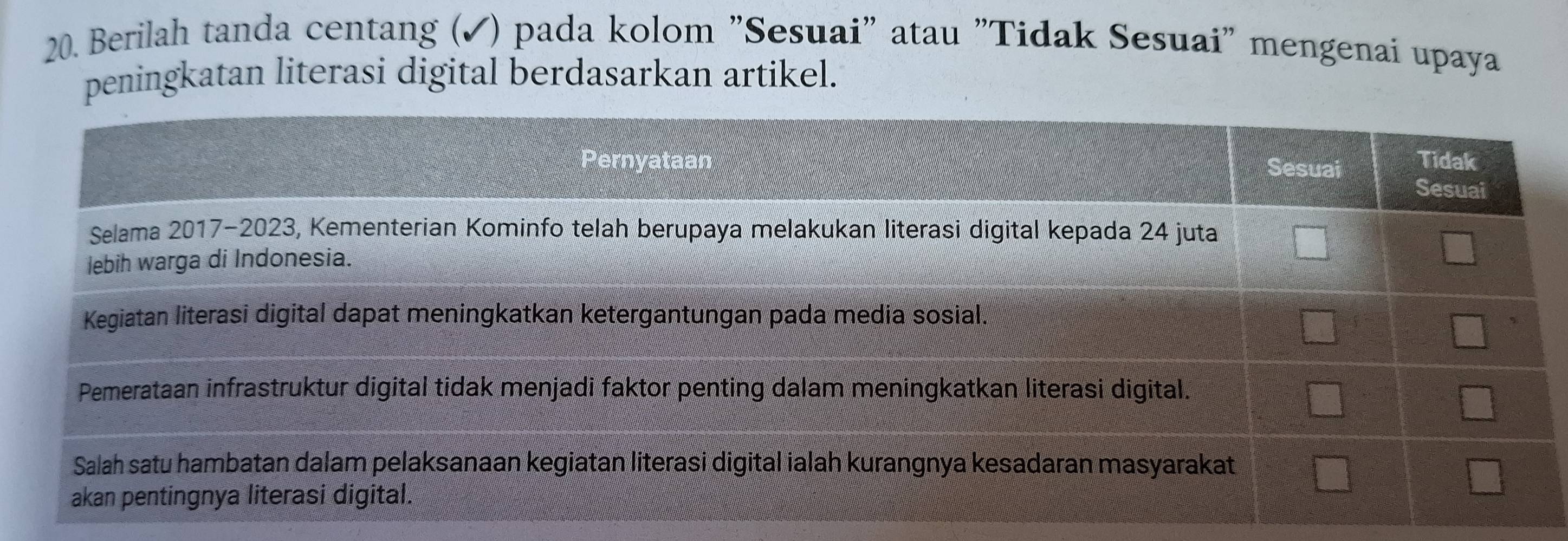 Berilah tanda centang (✓) pada kolom "Sesuai" atau "Tidak Sesuai" mengenai upaya
peningkatan literasi digital berdasarkan artikel.