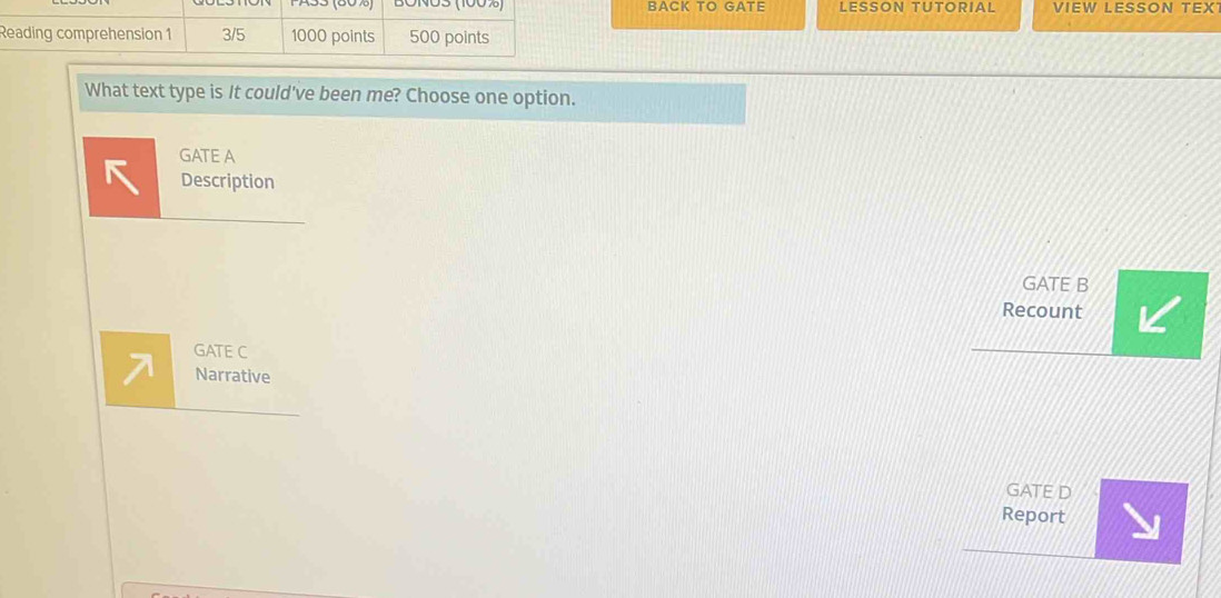 BOBACK TO GATE LESSON TUTORIAL VIEW LESSON TEX
What text type is It could've been me? Choose one option.
GATE A
Description
GATE B
Recount
GATE C
Narrative
GATE D
Report