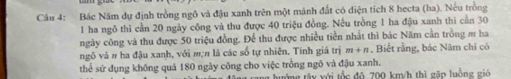 Bác Năm dự định trồng ngô và đậu xanh trên một mánh đất có diện tích 8 hecta (ha). Nếu trồng 
1 ha ngô thì cần 20 ngày công và thu được 40 triệu đồng. Nếu trồng 1 ha đậu xanh thì cần 30
ngày công và thu được 50 triệu đồng. Để thu được nhiều tiền nhất thì bác Năm cần trồng m ha 
ngô và π ha đậu xanh, với m; π là các số tự nhiên. Tính giá trị m+n. Biểt rằng, bác Năm chỉ có 
thể sử dụng không quả 180 ngày công cho việc trồng ngô và đậu xanh. 
tướng tây với tốc đô 700 km/h thì gặp luồng giớ