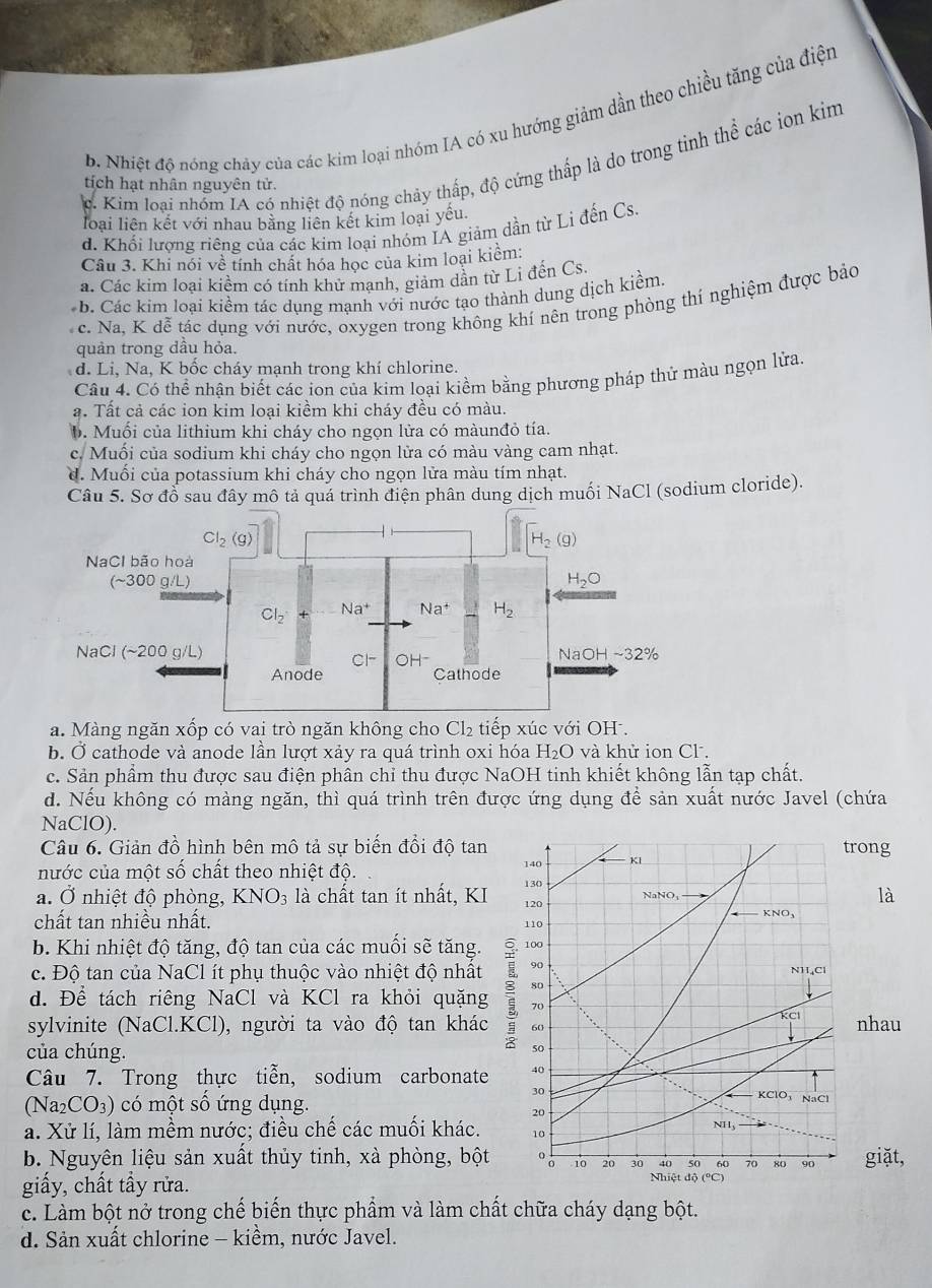 b. Nhiệt độ nóng chảy của các kim loại nhóm IA có xu hướng giảm dần theo chiều tăng của điện
6. Kim loại nhóm IA có nhiệt độ nóng chảy thấp, độ cứng thấp là do trong tinh thể các ion kim
tích hạt nhân nguyên tử.
loại liên kết với nhau bằng liên kết kim loại yếu.
d. Khối lượng riêng của các kim loại nhóm IA giảm dần từ Li đến Cs.
Câu 3. Khi nói về tính chất hóa học của kim loại kiểm:
a. Các kim loại kiểm có tính khử mạnh, giảm dần từ Li đến Cs
b. Các kim loại kiểm tác dụng mạnh với nước tạo thành dung dịch kiểm.
c. Na, K đễ tác dụng với nước, oxygen trong không khí nên trong phòng thí nghiệm được bảo
quản trong dầu hỏa.
d. Li, Na, K bốc cháy mạnh trong khí chlorine.
Câu 4. Có thể nhân biết các ion của kim loại kiềm bằng phương pháp thử màu ngọn lửa.
a. Tất cả các ion kim loại kiềm khi cháy đều có màu.
b. Muối của lithium khi cháy cho ngọn lửa có màunđỏ tía.
c. Muối của sodium khi cháy cho ngọn lửa có màu vàng cam nhạt.
d. Muối của potassium khi cháy cho ngọn lửa màu tím nhạt.
Câu 5. Sơ đổ sau đây mô tả quá trình điện phân dung dịch muối NaCl (sodium cloride).
Cl_2 (g) H_2(g)
NaCl bão hoà
(sim 300 g/L)
H_2O
Cl_2 + Na^+ Na^+ H_2
NaCl (sim 200g/L) |aOHsim 32%
CI- OH-
Anode Cathode
a. Màng ngăn xốp có vai trò ngăn không cho Cl_2 tiếp xúc với OH .
b. Ở cathode và anode lần lượt xảy ra quá trình oxi hóa H_2O và khử ion Cl .
c. Sản phẩm thu được sau điện phân chỉ thu được NaOH tinh khiết không lẫn tạp chất.
d. Nếu không có màng ngăn, thì quá trình trên được ứng dụng để sản xuất nước Javel (chứa
NaClO).
Câu 6. Giản đồ hình bên mô tả sự biến đổi độ tan trong
nước của một số chất theo nhiệt độ. 140 Kl
130
a. Ở nhiệt độ phòng, KNO_3 3 là chất tan ít nhất, KI 120 NaNO、 là
KNO_3
chất tan nhiều nhất. 110
b. Khi nhiệt độ tăng, độ tan của các muối sẽ tăng. 100
c. Độ tan của NaCl ít phụ thuộc vào nhiệt độ nhất 90 NH_4Cl
80
d. Để tách riêng NaCl và KCl ra khỏi quặng
KCl
sylvinite (NaCl.KCl), người ta vào độ tan khác  70 nhau
của chúng.
Câu 7. Trong thực tiễn, sodium carbonate 40
30
(Na_2CO_3) ) có một số ứng dụng.
KClO₁ NaCl
20
a. Xử lí, làm mềm nước; điều chế các muối khác. 10 NH_3
b. Nguyên liệu sản xuất thủy tinh, xà phòng, bột   10 20 30 40 50 60 70 80 90 giặt,
giấy, chất tầy rửa.
Nhiệt độ (ºC)
c. Làm bột nở trong chế biến thực phẩm và làm chất chữa cháy dạng bột.
d. Sản xuất chlorine - kiềm, nước Javel.