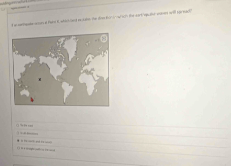 aulding instructure 2 
_ - 
I asertquae occurs at Point X which best explains the direction in which the earthquake waves will spread?
Ts the cat
u a drections
to the north and the south
is a straught juth to the west.