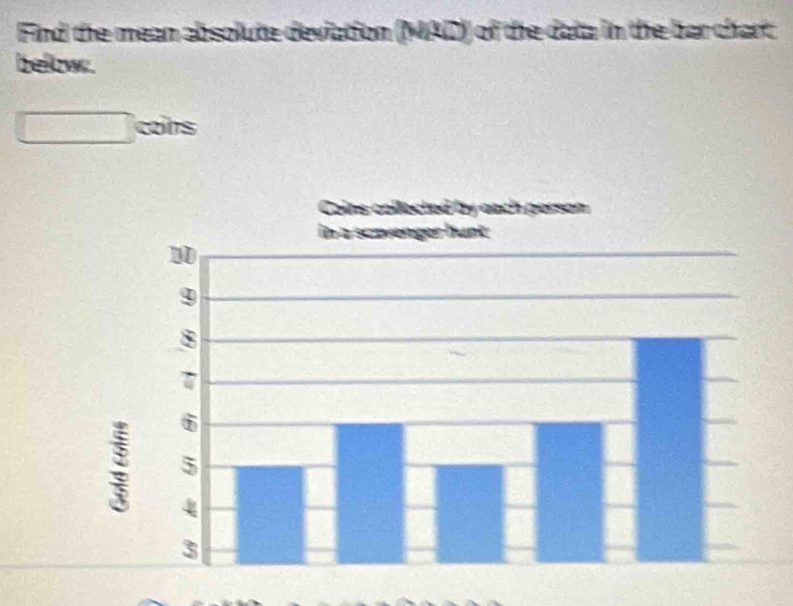 Find the mean absolute deviation (MAD) of the data in the bar chart 
below:. 
coins