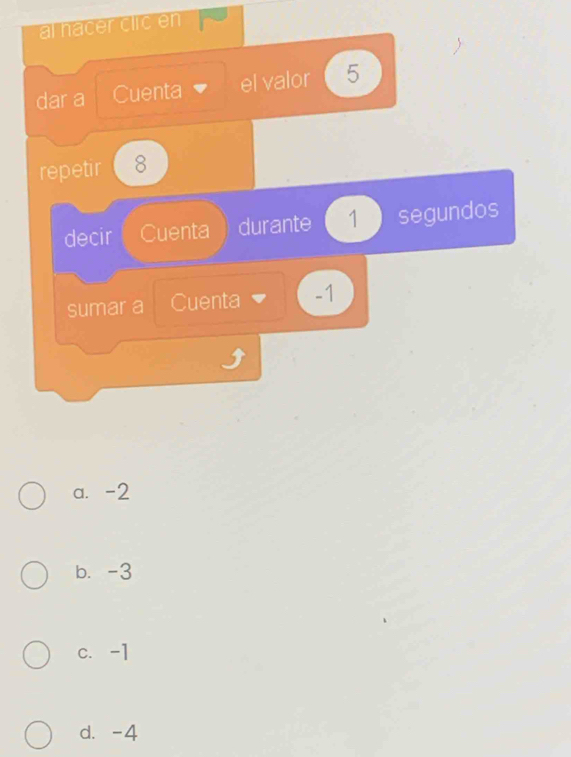 al hacer clicen
dar a Cuenta el valor 5
repetir 8
decir Cuenta durante 1 segundos
sumar a Cuenta -1
a. -2
b. -3
c. -1
d. -4