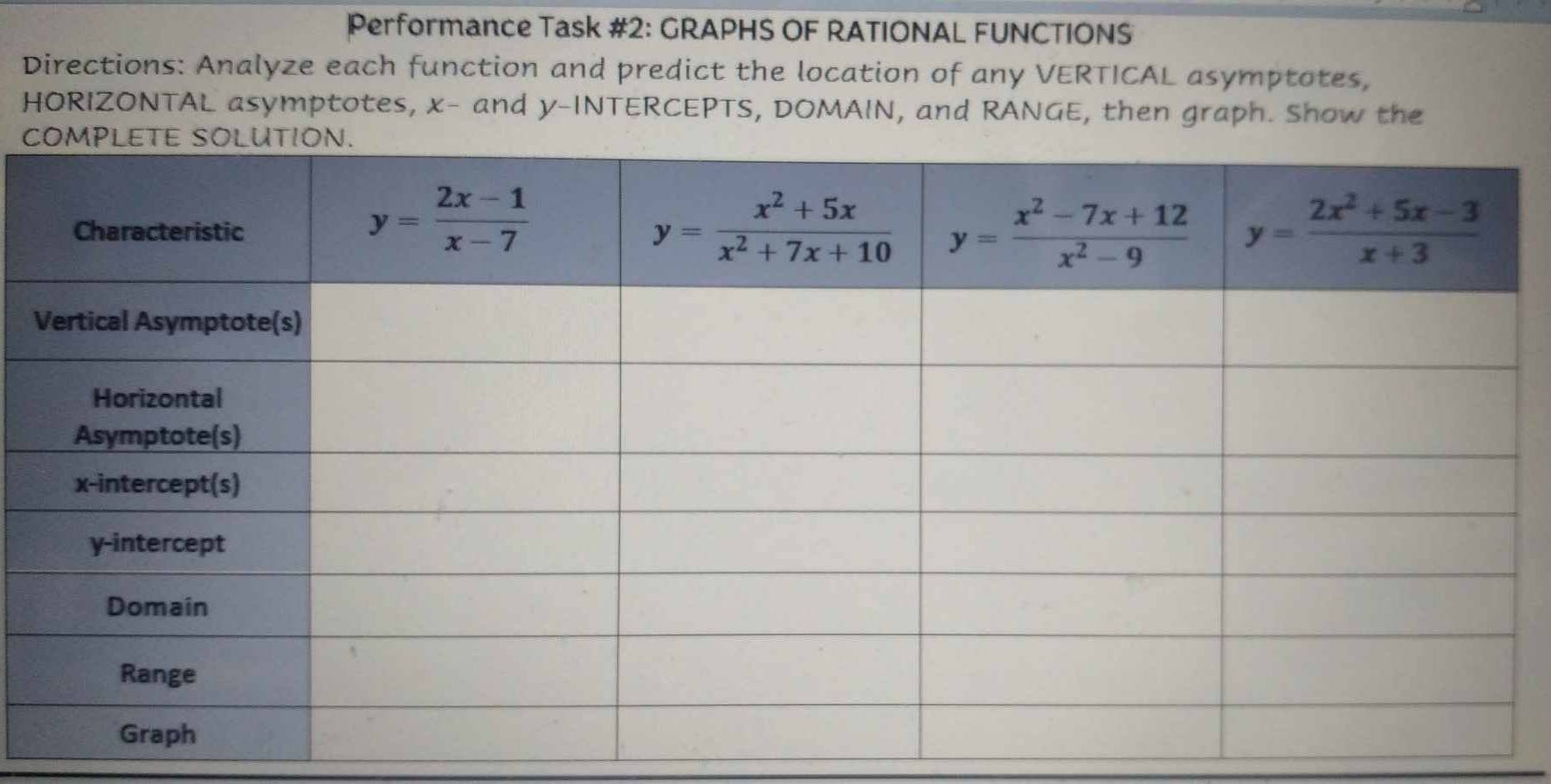 Performance Task #2: GRAPHS OF RATIONAL FUNCTIONS
Directions: Analyze each function and predict the location of any VERTICAL asymptotes,
HORIZONTAL asymptotes, x- and y-INTERCEPTS, DOMAIN, and RANGE, then graph. Show the
C