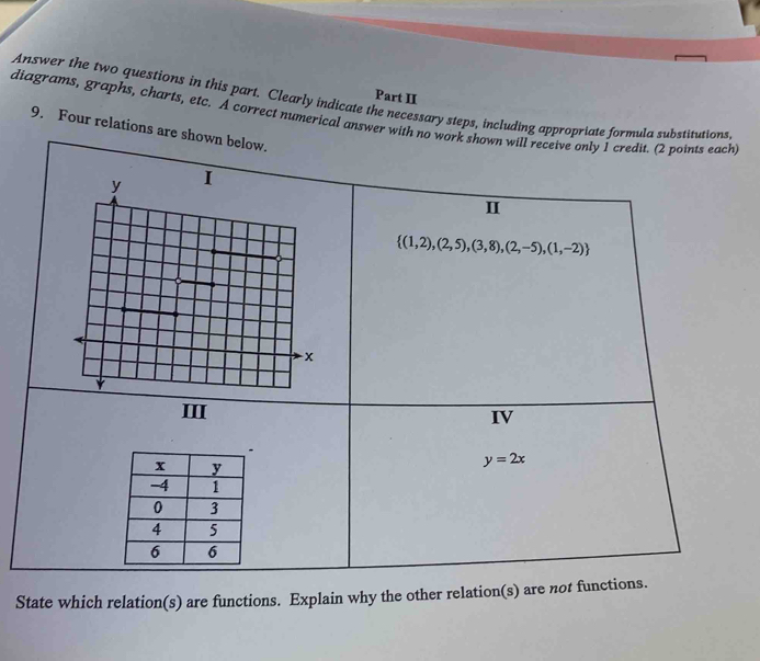 Part II
Answer the two questions in this part. Clearly indicate the necessary steps, including appropriate formula substitutions
diagrams, graphs, charts, etc. A correct numerical answer with no work shown will receiveach
9. Four relations are shown below
State which relation(s) are functions. Explain why the other relation(