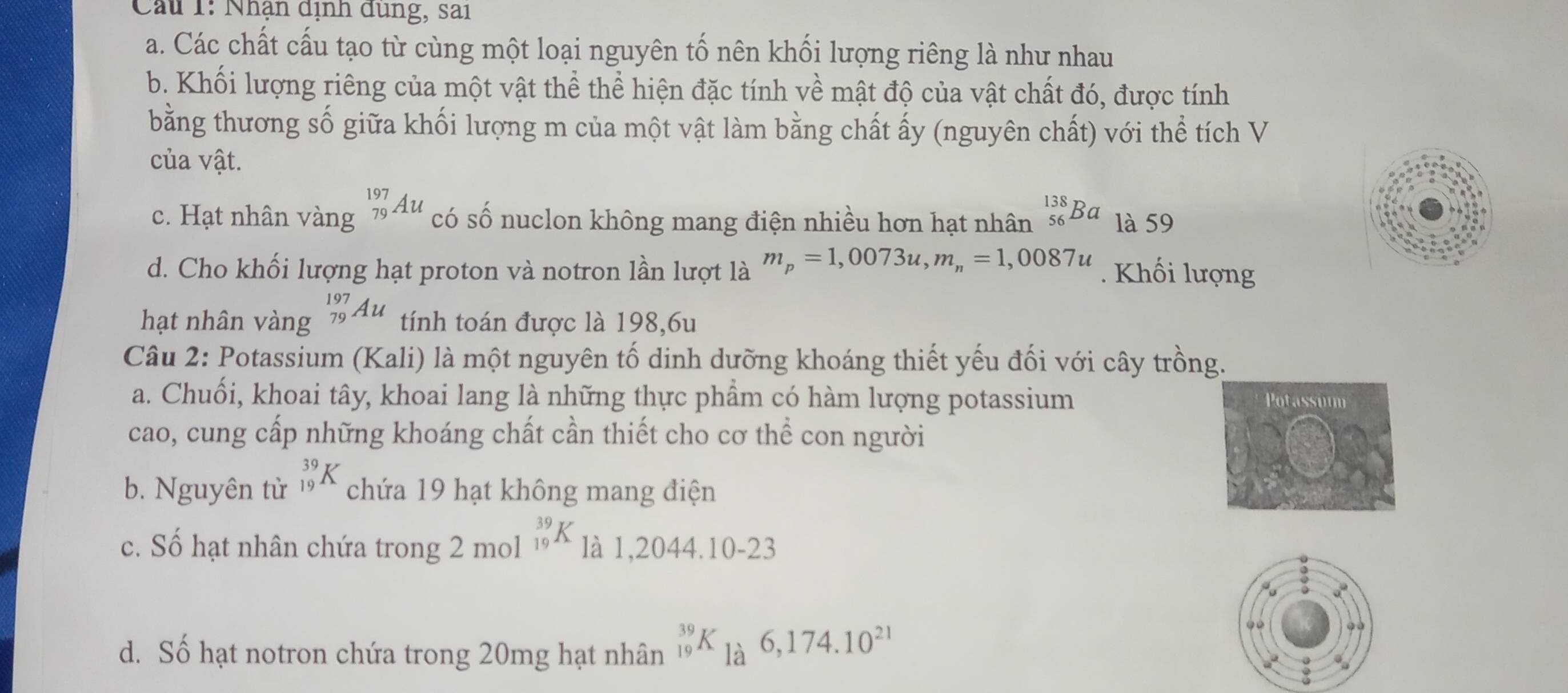 Cau 1: Nhận dịnh dùng, sai
a. Các chất cấu tạo từ cùng một loại nguyên tố nên khối lượng riêng là như nhau
b. Khối lượng riêng của một vật thể thể hiện đặc tính về mật độ của vật chất đó, được tính
bằng thương số giữa khối lượng m của một vật làm bằng chất ấy (nguyên chất) với thể tích V
của vật.
c. Hạt nhân vàng _(79)^(197)Au có số nuclon không mang điện nhiều hơn hạt nhân _(56)^(138)Ba là 59
d. Cho khối lượng hạt proton và notron lần lượt là m_p=1,0073u, m_n=1,0087u. Khối lượng
hạt nhân vàng _(79)^(197)Au tính toán được là 198,6u
Câu 2: Potassium (Kali) là một nguyên tố dinh dưỡng khoáng thiết yếu đối với cây trồng.
a. Chuối, khoai tây, khoai lang là những thực phẩm có hàm lượng potassium 
cao, cung cấp những khoáng chất cần thiết cho cơ thể con người
b. Nguyên từ _(19)^(39)K chứa 19 hạt không mang điện
c. Số hạt nhân chứa trong 2 mol _(19)^(39)K là 1,2044. 10-23
d. Số hạt notron chứa trong 20mg hạt nhân _(19)^(39)K_1lambda 6,174.10^(21)