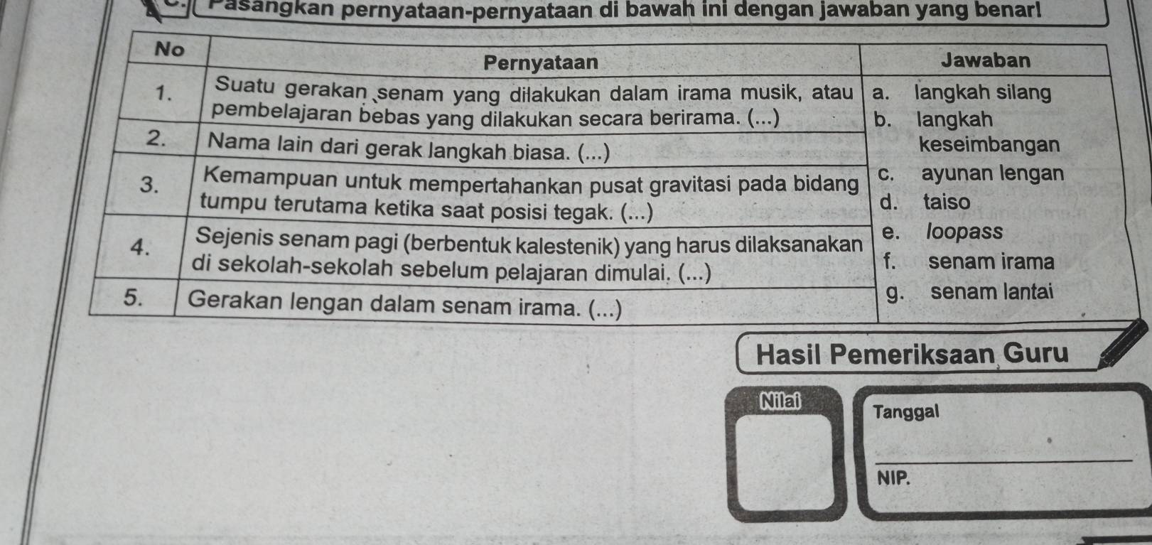 Pasangkan pernyataan-pernyataan di bawah ini dengan jawaban yang benar! 
Hasil Pemeriksaan Guru 
Nilai Tanggal 
_ 
NIP.