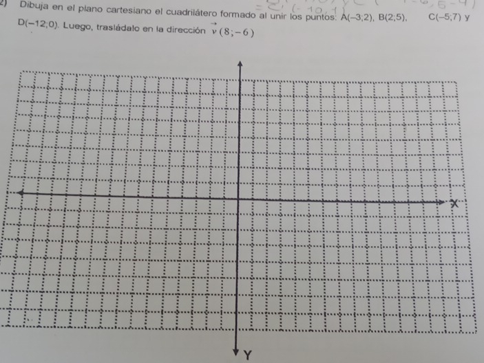 Dibuja en el piano cartesiano el cuadrilátero formado al unir los puntos: A(-3;2), B(2;5), C(-5;7) y
D(-12,0). Luego, trasládalo en la dirección vector v(8;-6)
Y