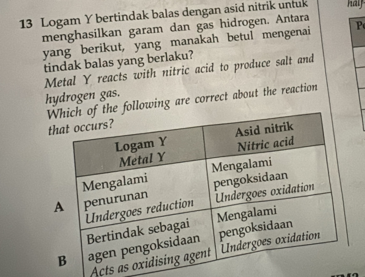 Logam Y bertindak balas dengan asid nitrik untuk 
half 
menghasilkan garam dan gas hidrogen. Antara 
yang berikut, yang manakah betul mengenai 
P 
tindak balas yang berlaku? 
Metal Y reacts with nitric acid to produce salt and 
hydrogen gas. 
Wfollowing are correct about the reaction 
t 
Acts a