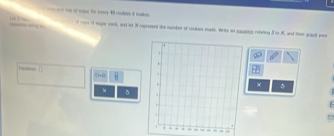 ad rup of sugar for every 40 rookes it makes . 
f cups of sugar used, and let N represent the number of cookies made. Write an equation relating S to N, and then graph your 
Equalsin
D=0
×
255