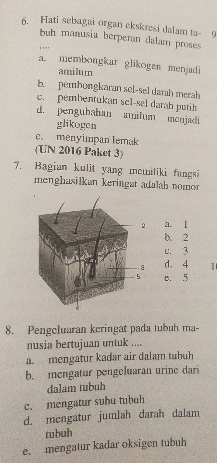 Hati sebagai organ ekskresi dalam tu- 9
buh manusia berperan dalam proses
…
a. membongkar glikogen menjadi
amilum
b. pembongkaran sel-sel darah merah
c. pembentukan sel-sel darah putih
d. pengubahan amilum menjadi
glikogen
e. menyimpan lemak
(UN 2016 Paket 3)
7. Bagian kulit yang memiliki fungsi
menghasilkan keringat adalah nomor
a. 1
b. 2
c. 3
d. 4 1
e. 5
8. Pengeluaran keringat pada tubuh ma-
nusia bertujuan untuk ....
a. mengatur kadar air dalam tubuh
b. mengatur pengeluaran urine dari
dalam tubuh
c. mengatur suhu tubuh
d. mengatur jumlah darah dalam
tubuh
e. mengatur kadar oksigen tubuh