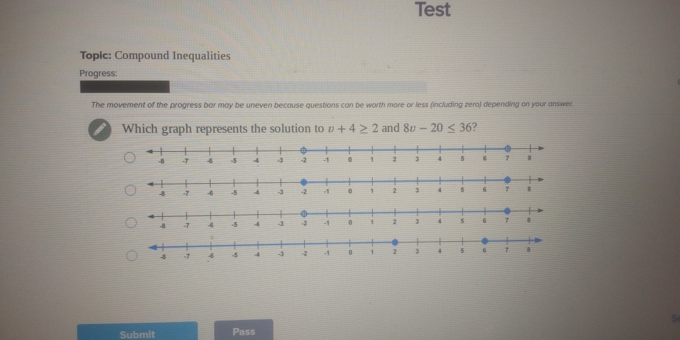 Test 
Topic: Compound Inequalities 
Progress: 
The movement of the progress bar may be uneven because questions can be worth more or less (including zero) depending on your answer. 
Which graph represents the solution to v+4≥ 2 and 8v-20≤ 36 ?
-8 -7 -6 -5 -4 -3 -2 -1 0 1 2 3 4 5 6 7 @ 
S 
Submit Pass