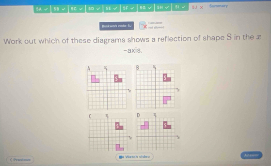 5A 5B 5C 5D 5E 5F 5G 5H 51 5J Summary 
Bookwork code: 5ự not allowed Calculator 
Work out which of these diagrams shows a reflection of shape S in the x
-axis. 
< Previous 《 Watch video 
Answer