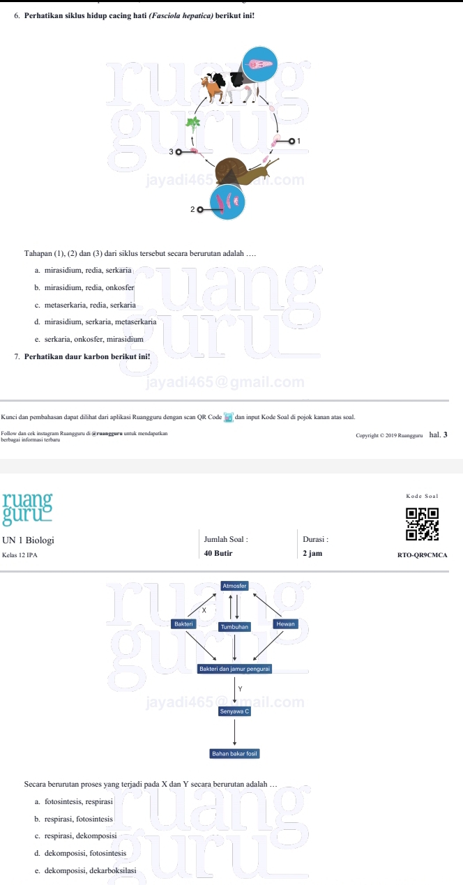 Perhatikan siklus hidup cacing hati (Fasciola hepatica) berikut ini!
Tahapan (1), (2) dan (3) dari siklus tersebut secara berurutan adalah …
a. mirasidium, redia, serkaria
c. metaserkaria, redia, serkaria
e. serkaria, onkosfer, mirasidium dpns
d. mirasidium, serkaria, metaserkaria
7. Perhatikan daur karbon berikut ini!
jayadi465@gmail.com
Kunci dan pembahasan dapat dilihat dari aplikasi Ruangguru dengan scan QR Code _ dan input Kode Soal di pojok kanan atas soal.
Follow dan cek instagram Ruangguru di @ruangguru untak mendapatkan Copyright © 2019 Ruangguru hal. 3
ruang Kode Soal
gurus
UN 1 Biologi Jumlah Soal : Durasi :
Kelas 12 IPA 40 Butir 2 jam RTO-QR9CMCA
Secara berurutan proses yang terjadi pada X dan Y secara berurutan adalah ..
a. fotosintesis, respirasi
b. respirasi, fotosintesis
d. dekomposisi, fotosintesis this
c. respirasi dekomposisi
e. dekomposisi, dekarboksilasi