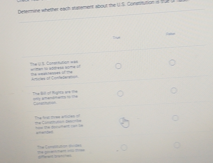 Determine whether each statement about the U.S. Constitution is the U 
The U.S. Constitution was 
written to address some of 
the weaknesses of the 
Articles of Confederation 
The Bill of Rights are the 
only amendments to the 
Constitition 
The first three articles of 
te Constitution descnãe 
now the document can be 
amanded 
The Ccnstitution divides 
the goverment into thru 
different brancies