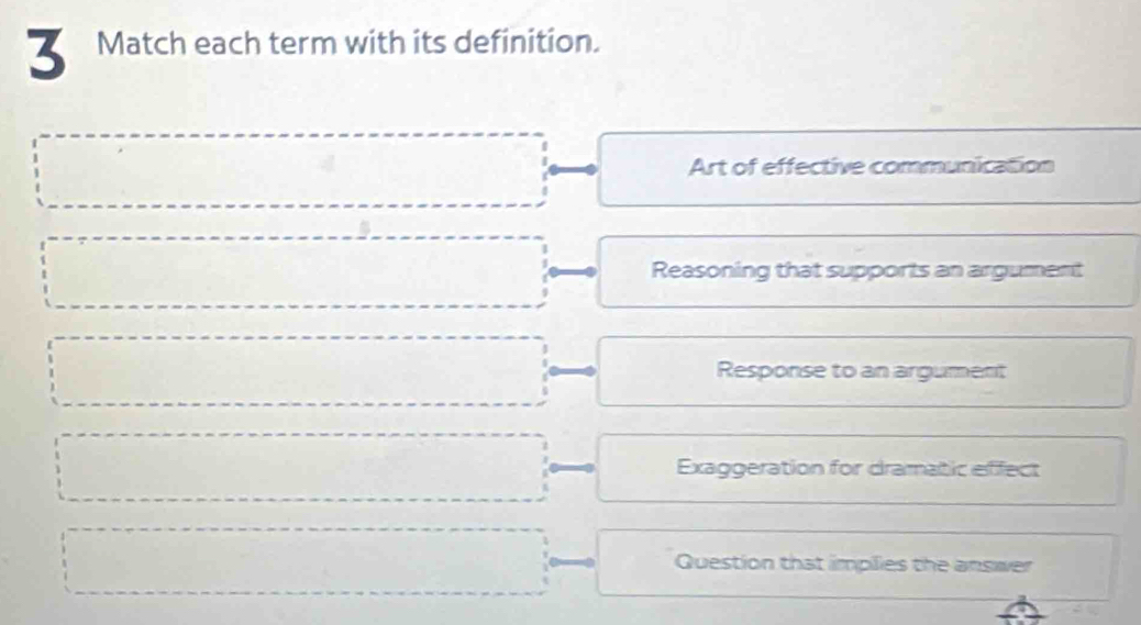 Match each term with its definition.
overline □  Art of effective communication
·s ·s ·s Reasoning that supports an argument
Response to an argument
1000,a_1)^2,...... □  Exaggeration for dramatic effect
∴ △ AB=4k^(C° frac )°° □  
Question that implies the answer