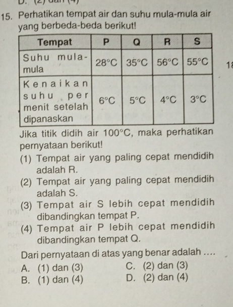 (2) dan (4)
15. Perhatikan tempat air dan suhu mula-mula air
yang berbeda-beda berikut!
18
Jika titik didih air 100°C , maka perhatikan
pernyataan berikut!
(1) Tempat air yang paling cepat mendidih
adalah R.
(2) Tempat air yang paling cepat mendidih
adalah S.
(3) Tempat air S lebih cepat mendidih
dibandingkan tempat P.
(4) Tempat air P lebih cepat mendidih
dibandingkan tempat Q.
Dari pernyataan di atas yang benar adalah ...
A. (1) dan (3) C. (2) dan (3)
B. (1) dan (4) D. (2) dan (4)