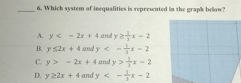 Which system of inequalities is represented in the graph below?
A. y and y≥  1/3 x-2
B. y≤ 2x+4 and y<- 1/3 x-2
C. y>-2x+4 and y> 1/3 x-2
D. y≥ 2x+4 and y<- 1/3 x-2