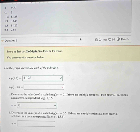 g(x)
-2 2
-1.5 1.125
1.3 0.845
1.5 1.125
2.4 2.88
Question 7 2/4 pts つ 98 Details 
Score on last try: 2 of 4 pts. See Details for more. 
You can retry this question below 
Use the graph to complete each of the following. 
a. g(1.5)=1.125
b g(-3)=□ *
c. Determine the value(s) of æ such that g(x)=0. If there are multiple solutions, then enter all solutions 
as a comma-separated lis (eg.1,3.5)
x=0
d. Determine the value(s) of æ such that g(x)=0.5. If there are multiple solutions, then enter all 
solutions as a comma-separated list (eg,1,3.5).
x=□