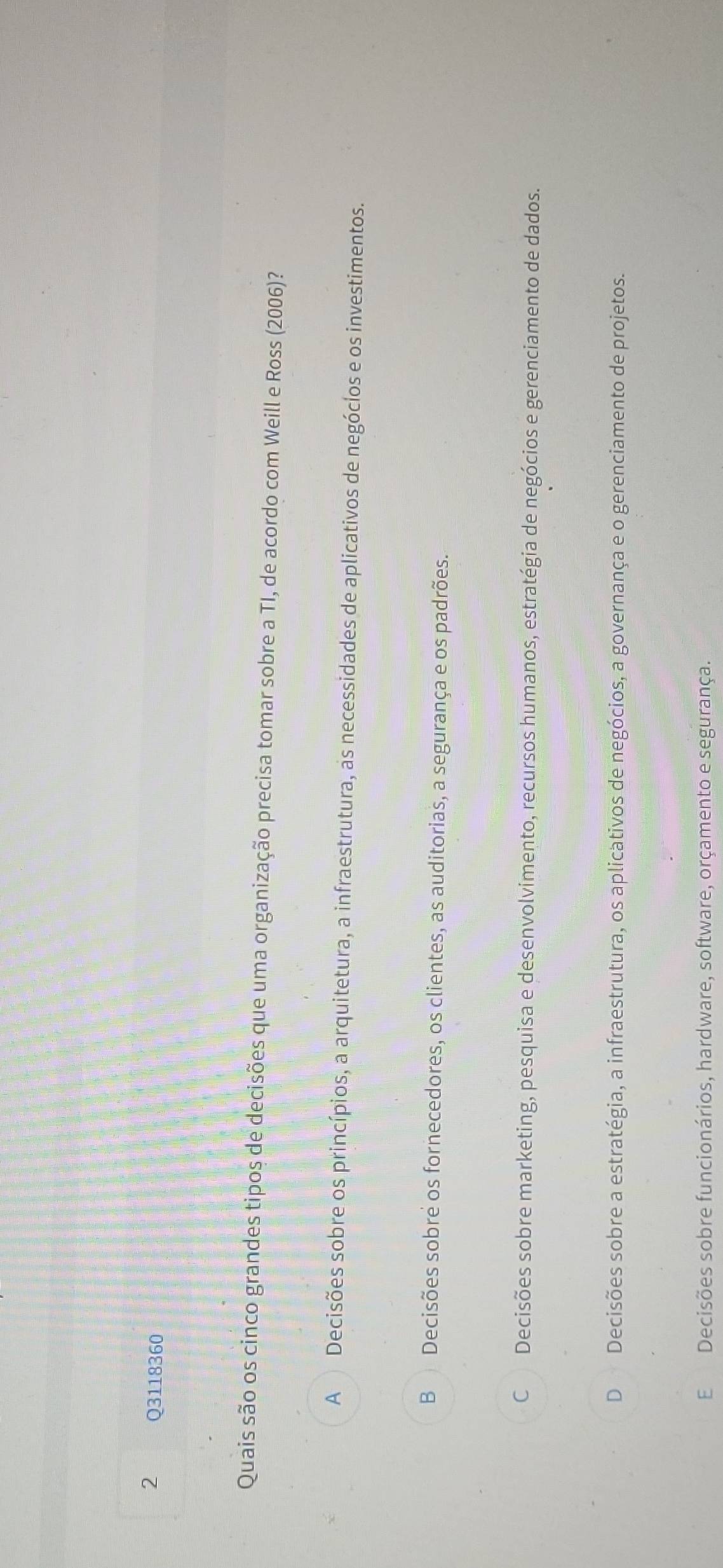 Quais são os cinco grandes tipos de decisões que uma organização precisa tomar sobre a TI, de acordo com Weill e Ross (2006)?
A Decisões sobre os princípios, a arquitetura, a infraestrutura, as necessidades de aplicativos de negócios e os investimentos.
B Decisões sobre os fornecedores, os clientes, as auditorias, a segurança e os padrões.
C Decisões sobre marketing, pesquisa e desenvolvimento, recursos humanos, estratégia de negócios e gerenciamento de dados.
D Decisões sobre a estratégia, a infraestrutura, os aplicativos de negócios, a governança e o gerenciamento de projetos.
E Decisões sobre funcionários, hardware, software, orçamento e segurança.