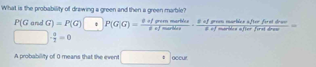 What is the probability of drawing a green and then a green marble?
P(GandG)=P(G)□ :(G|G)= t^2ofgreenmarbles/# ofmarbles ·  # ofgreenmarblesafterfirstdraw/!= ofmarblesafterfirstdraw =
□ ·  0/2 =0
A probability of 0 means that the event □° occur