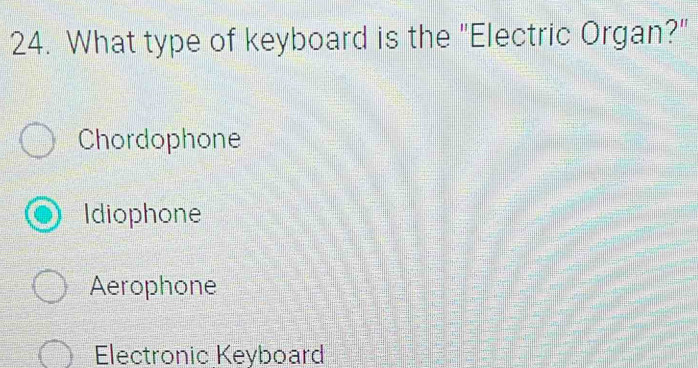 What type of keyboard is the "Electric Organ?"
Chordophone
Idiophone
Aerophone
Electronic Keyboard