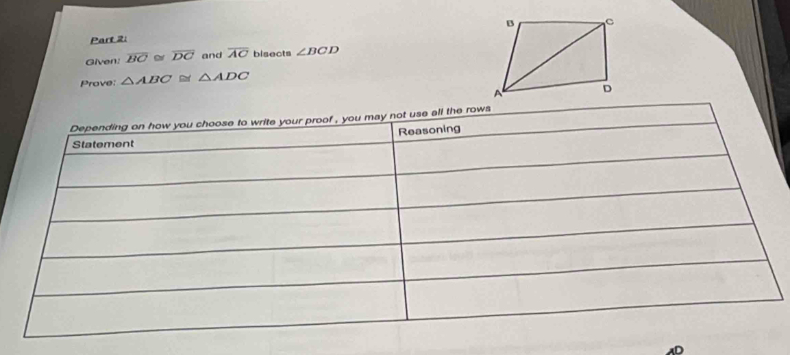 Given overline BC≌ overline DC and overline AC bisects ∠ BCD
Prove: △ ABC≌ △ ADC
D