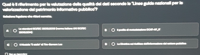 Quei è il riferimento per la valutazione della qualità del deti secondo le ''Linee guida nazionali per la
valorizzazione del patrimonio informativo pubblico'?
Seissiona lopsione che ritieni corretta.
Lo standard IS0/IEC 28012:2006 (nerme Rtallane UNI ISC/IEC
28012:2014) Il proflie di motedatasiono OCAT-AP_IT
C Il Modello ' 5 stello' di Tim-Bernera Loo Le Direttive sui riutilizse delfinformasiono del cottero pubblice
∩ Non so rispondere