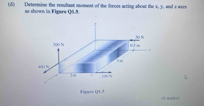 Determine the resultant moment of the forces acting about the x, y, and z axes
as shown in Figure Q1.5.
Figure Q1.5
(6 marks)