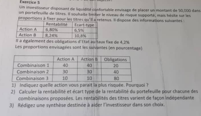 Un investisseur disposant de liquidité confortable envisage de placer un montant de 50,000 dans 
un portefeuille de titres. Il souhaite limiter le niveau de risque supporté, mais hésite sur les 
proportions à fixer pounus. Il dispose des informations suivantes : 
Il a également des obligations d'Etat au taux fixe de 4,2%
Les proportions envisagées sont les suivantes (en pourcentage) 
1) Indiquez quelle action vous parait la plus risquée. Pourquoi ? 
2) Calculer la rentabilité et écart type de la rentabilité du portefeuille pour chacune des 
combinaisons proposées. Les rentabilités des titres varient de façon indépendante 
3) Rédigez une synthèse destinée à aider l'investisseur dans son choix.