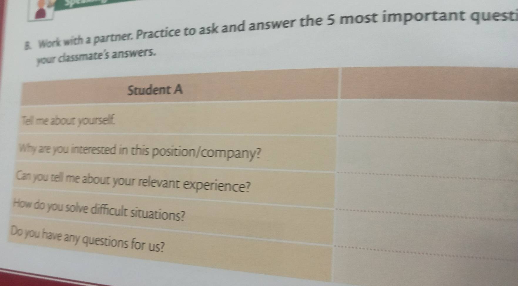 Work with a partner. Practice to ask and answer the 5 most important quest 
e's answers.