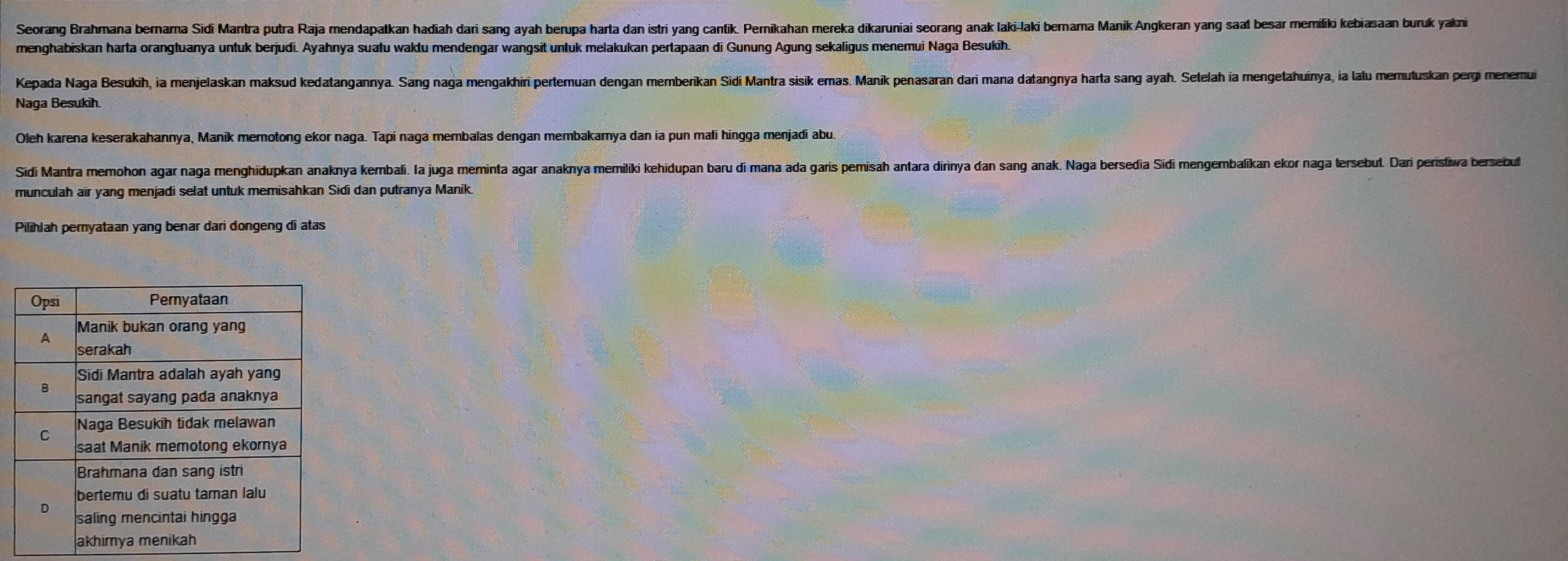 Seorang Brahmana bernama Sidi Mantra putra Raja mendapatkan hadiah dari sang ayah berupa harta dan istri yang cantik. Pernikahan mereka dikaruniai seorang anak laki-laki bernama Manik Angkeran yang saal besar memiliki kebiasaan buruk yakni 
menghabiskan harta orangtuanya untuk berjudi. Ayahnya suafu waktu mendengar wangsit untuk melakukan pertapaan di Gunung Agung sekaligus menemui Naga Besukih. 
Kepada Naga Besukih, ia menjelaskan maksud kedatangannya. Sang naga mengakhini pertemuan dengan memberikan Sidí Mantra sisik emas. Manik penasaran dari mana datangnya harta sang ayah. Setelah ia mengetahuínya, ia lalu memutuskan pergi menemui 
Naga Besukih. 
Oleh karena keserakahannya, Manik memotong ekor naga. Tapi naga membalas dengan membakamya dan ia pun mali hingga menjadi abu. 
Sidi Mantra memohon agar naga menghidupkan anaknya kembali. la juga meminta agar anaknya memiliki kehidupan baru di mana ada garis pemisah antara dirinya dan sang anak. Naga bersedia Sidi mengembalikan ekor naga tersebul. Dani peristiwa bersebut 
munculah air yang menjadi selat untuk memisahkan Sidi dan putranya Manik. 
Pilihiah peryataan yang benar dari dongeng di atas