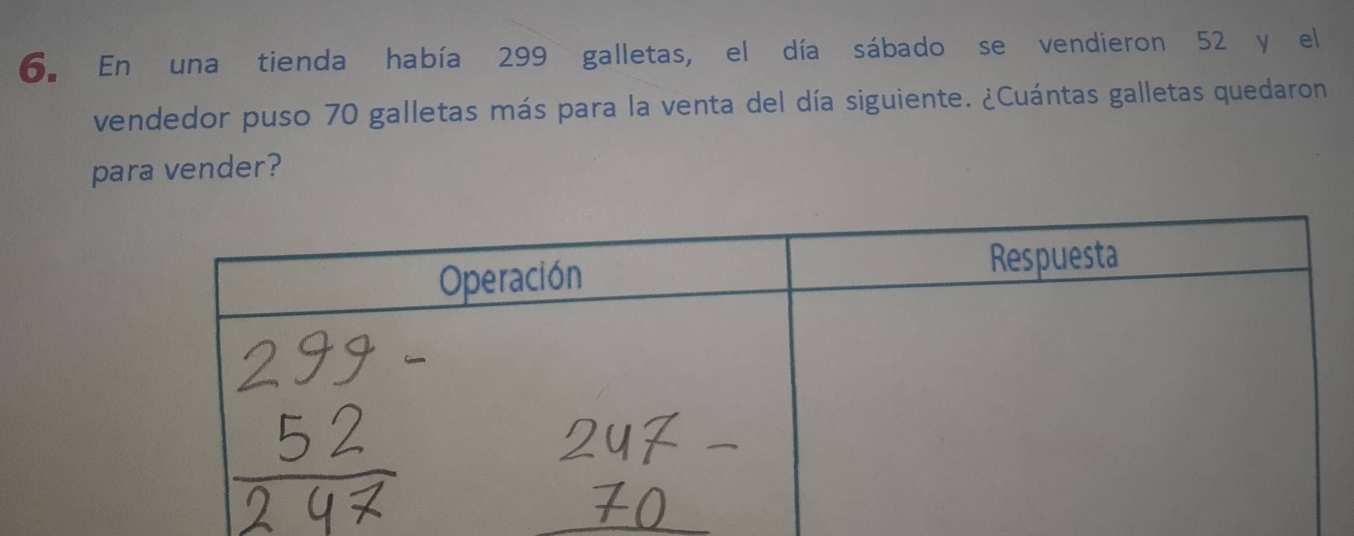 En una tienda había 299 galletas, el día sábado se vendieron 52 y el 
vendedor puso 70 galletas más para la venta del día siguiente. ¿Cuántas galletas quedaron 
para vender?